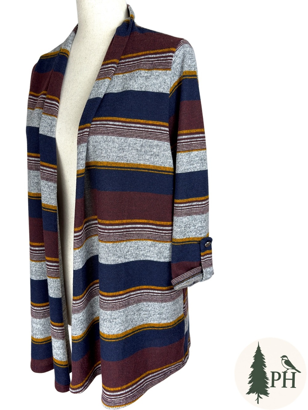 Naif Open Front Striped Cardigan Women’s Medium Soft Knit 3/4 Sleeve Academia